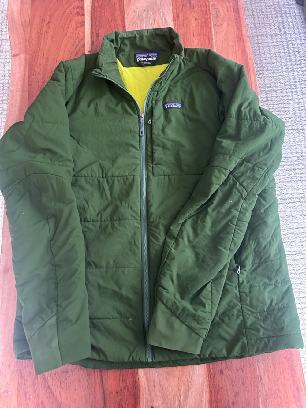 Patagonia Olive Green Puffer Jacket with Yellow Lining